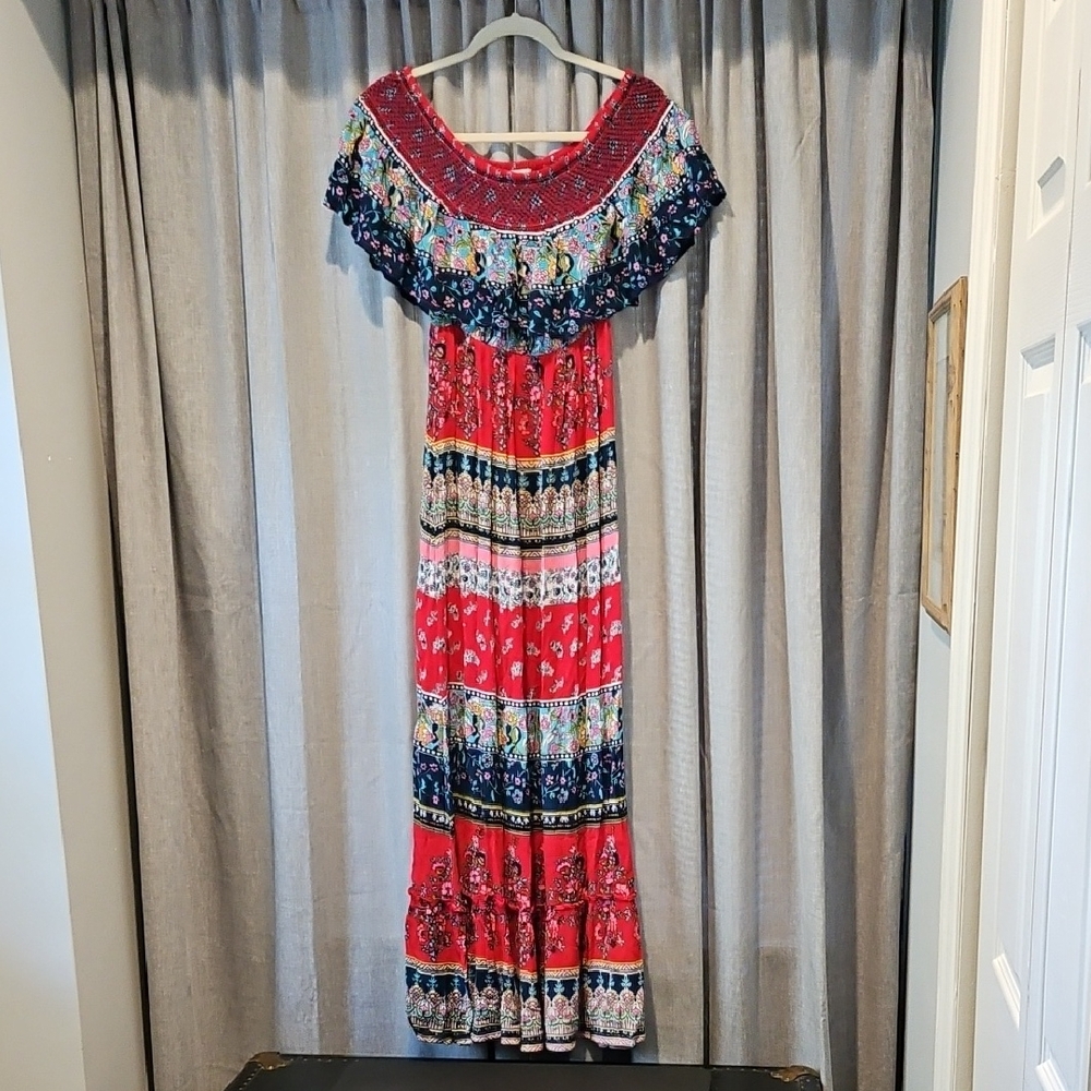 Patrons of Peace Bohemian Red Floral Multicolor Off The Shoulder Tiered Sundress